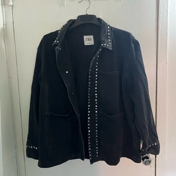 Zara Grunge punk rock Black Denim Jacket with Silver Studs #Modernmideival - Picture 7 of 13